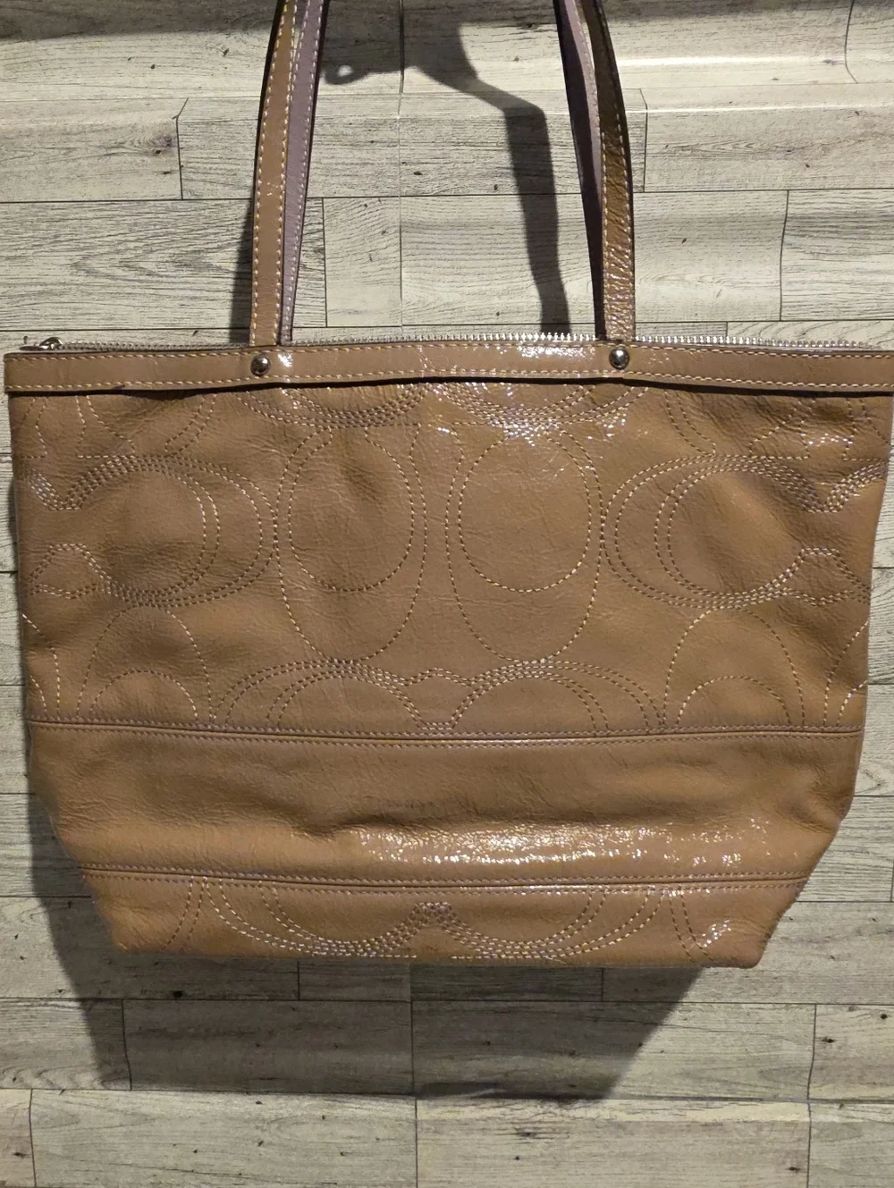 Coach Tan with lilac stitching and interior patten Leather Signature Tote